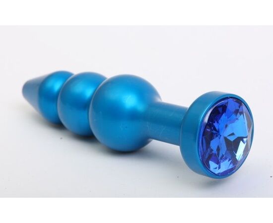 Синяя фигурная анальная пробка с синим кристаллом - 11,2 см., фото 