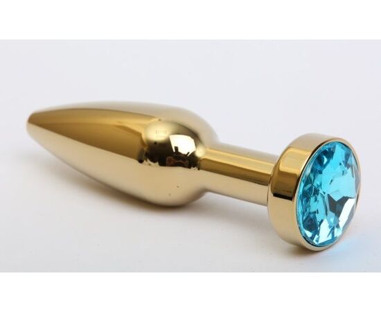 Золотистая анальная пробка с голубым кристаллом - 11,2 см., фото 