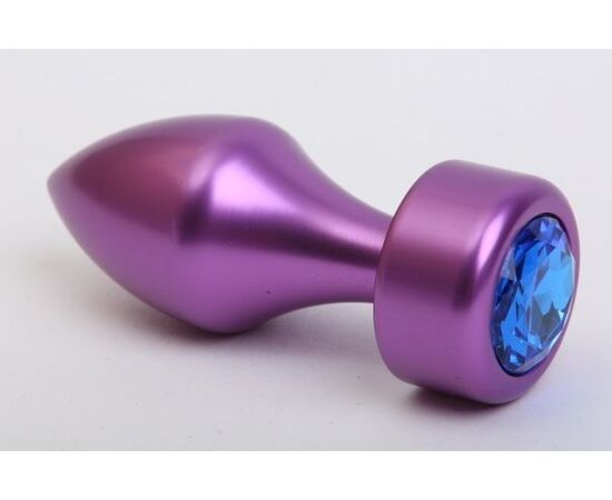 Фиолетовая анальная пробка с широким основанием и синим кристаллом - 7,8 см., фото 