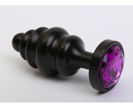 Чёрная ребристая анальная пробка с фиолетовым кристаллом - 7,3 см., фото 